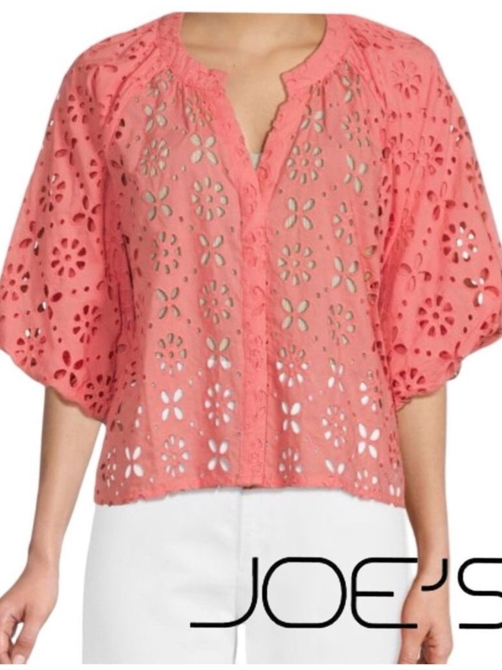 NEW $208 Joe’s Jeans Broderie Lace Puff-Sleeve Top – Coral | XS